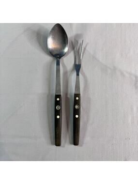 Vintage Flint Japan Stainless Steel Serving Spoon Fork Set Wood Handle MCM